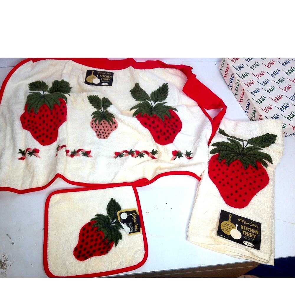 Vintage Morgan Jones Strawberry Kitchen Linens Set Apron Towel Retro Mid Century
